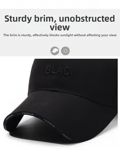 Detailed embroidery of BLACK text and FASHION lettering on black baseball cap brim