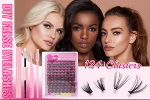 DIY cluster eyelash extension kit with 124 clusters tweezers and pink lash glue