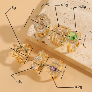 6pcs set of 14K gold plated geometric rings with emerald and zircon inlays on stone base