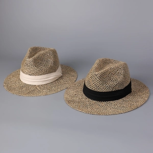 Women Straw Fedora Hat Breathable Hollow Out Seagrass Panama Sun Beach Travel Wide Brim Adjustable Ribbon Decor