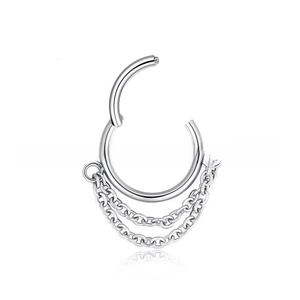 Close-up of 316L stainless steel silver hoop earring with three hanging fine chain tassels