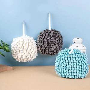 Absorbent chenille hand towel balls in white, gray and blue with hanging loops