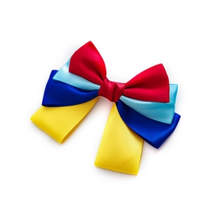 Cute multi-layered satin ribbon bow hair clip in red, blue, and yellow for girls