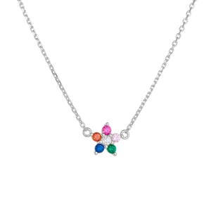 Close-up of s925 silver flower pendant with colorful cubic zirconia on a dainty chain