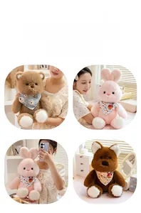 Detailed plush toy set with bear, rabbit, and puppy wearing floral scarves in home settings