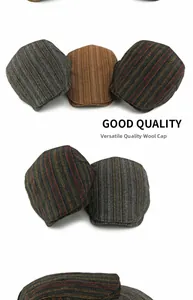Detailed texture of newsboy caps in herringbone and vintage striped wool fabric