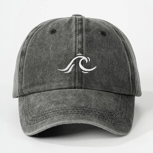 Classic dark grey washed baseball cap with white wave embroidery and adjustable strap