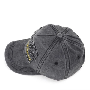 Macro detail of retro washed dark grey baseball cap with embroidered GAS letter patch