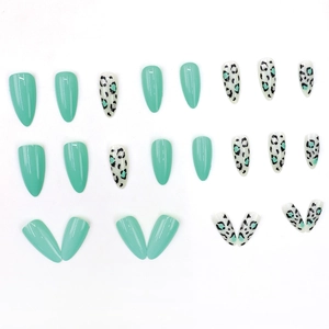 24pcs Light Green and Leopard Print Almond Press-on Nails with Glossy Finish