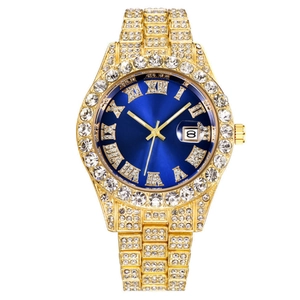 Montre dorée pour femme avec cadran bleu à rayons de soleil et chiffres romains