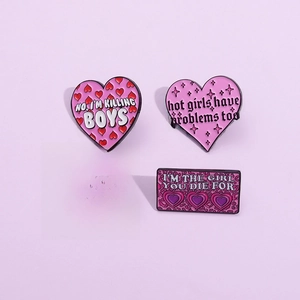 Pink heart enamel pins set with Y2K letter badges for girl clothing and bag decor