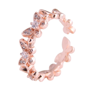 Elegant rose gold butterfly ring with zircon inlay and adjustable open band for women