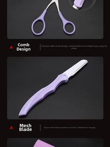 Detail of folding eyebrow razor and purple grooming scissors with comb for safe shaping