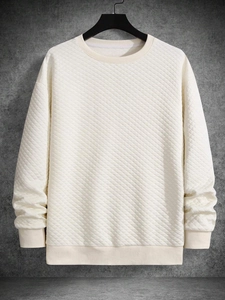 Herren Sweatshirt Rundhals Gesteppt Rautenmuster Langarm Casual Streetwear Pullover Off White Rippstrick