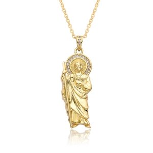 Golden Saint Jude Thaddeus pendant necklace with sparkling halo crystals for men and women