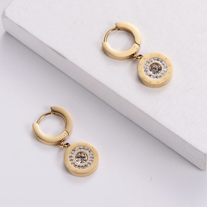 Gold titanium steel hoop earrings with Roman numeral crystals and round pendants