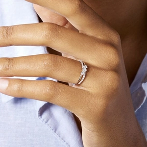 Detail view of double-band S925 sterling silver ring with three round sparkling crystals