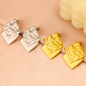 Square textured stainless steel 18K gold earrings with double layer geometric design