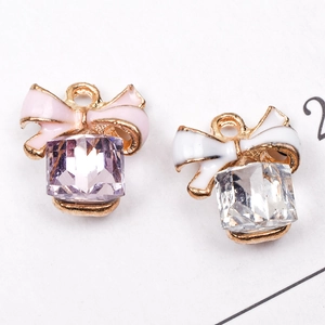 Pink and white enamel bow charms with square crystal pendants for DIY jewelry making