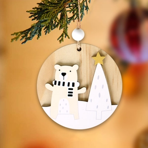 Christmas Tree Wooden Ornaments Round Hanging Pendant 3D Laser Cut Polar Bear Snowman Reindeer Holiday Home Decor