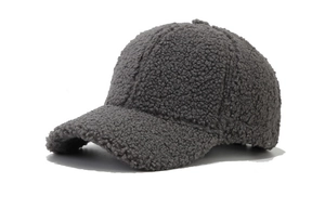Detailed view of grey sherpa baseball cap showing premium fuzzy texture and curved brim