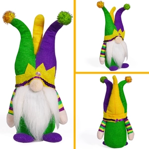 Detailed front, side and back views of a Mardi Gras gnome with sequins and white beard