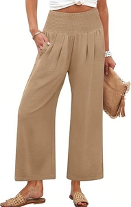 Détail du pantalon large kaki à taille haute élastique avec poches latérales et texture de tissu