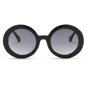 Classic round oversized sunglasses with black glossy frames and grey gradient lenses