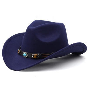 Close-up of navy wool western hat featuring leather band with beads and turquoise stone