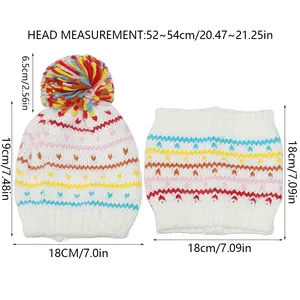 Detailed size chart for children's winter knit beanie and scarf set with pompom detail