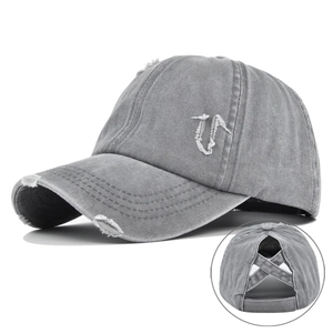 Distressed grey ponytail baseball cap with criss-cross elastic bands and V embroidery