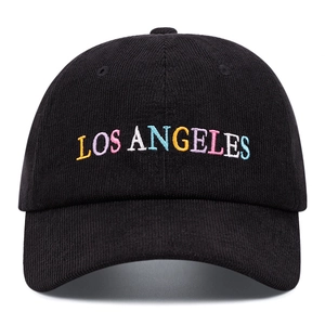 Black corduroy baseball cap with colorful LOS ANGELES embroidery and sun protection
