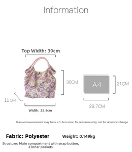 Floral tote bag dimension chart showing 39cm width and polyester fabric details