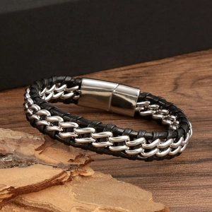 Men's black braided leather bracelet with silver stainless steel Cuban chain link