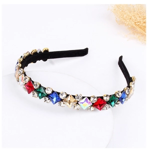 Detail of luxury padded headband with multi-color square crystals and tiny rhinestones