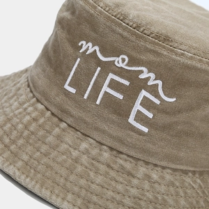 Vintage washed khaki bucket hat with white mom LIFE embroidery for sun protection