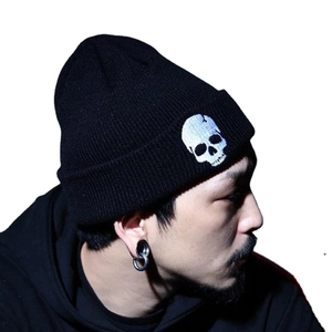 Punk black knitted beanie for men featuring a white skull embroidery in street style
