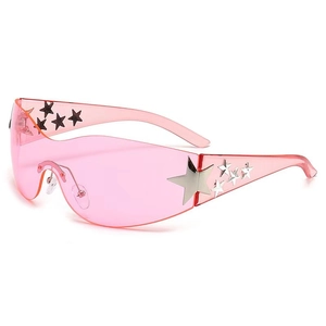 Pink Y2K rimless star sunglasses with one-piece wrap lens and silver star accents