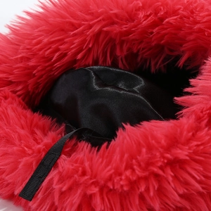 Plush cartoon big eye cat hoodie hat with red faux fur and black satin lining