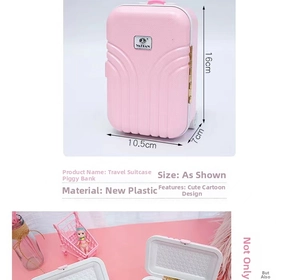 Pink suitcase-shaped piggy bank with handle details and size 16cm x 10.5cm x 7cm