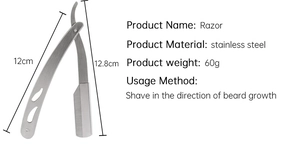 Detail of a foldable stainless steel razor with dimensions and ergonomic hollow handle