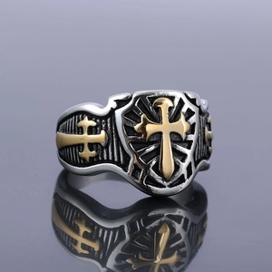 Men's vintage shield cross ring in stainless steel with a black and gold finish