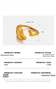 Detail showing irregular gold geometric open ring with measurements and stainless steel texture