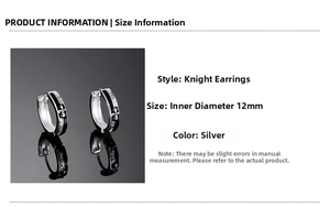 Macro shot of silver knight earrings featuring black oil drip and Chivalry Spirit engraving