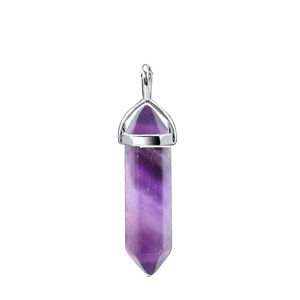 Macro shot of natural purple amethyst hexagonal column pendant with silver metal clasp
