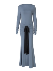 Chic grey-blue long sleeve slim fit maxi dress with a black satin bow tie waist detail