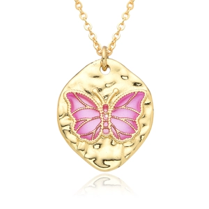 Hammered gold butterfly necklace with pink enamel pendant and delicate cross chain