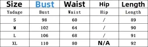 Tableau des tailles pour robe à volants col en V incluant buste, taille et longueur