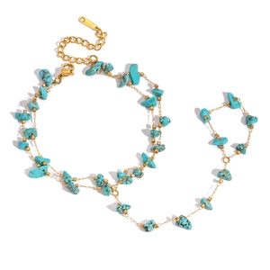 Bohemian turquoise and 18K gold plated stainless steel layered finger hand chain bracelet