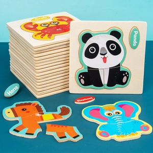 3D wooden animal puzzles for toddlers featuring panda, crab, horse, and elephant patterns